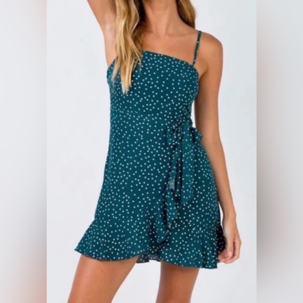 Dark Green Polka Dot Wrap Mini Dress - Princess Polly